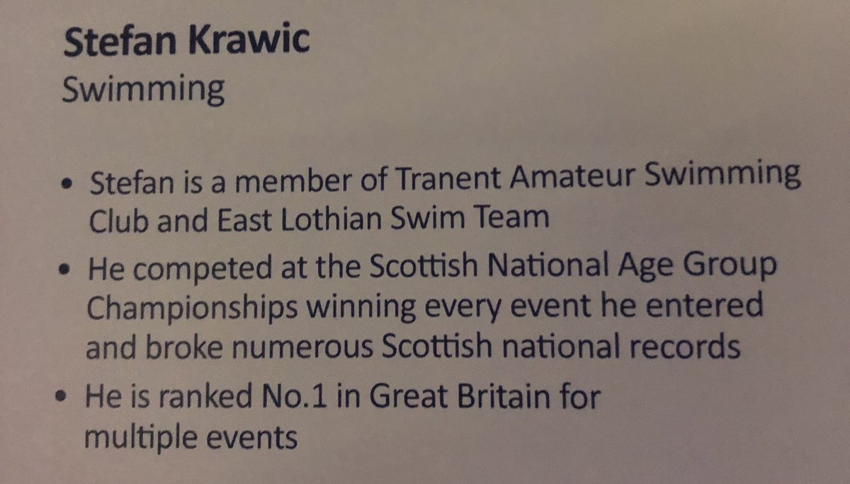 Young Sports Person of the Year is Stefan Krawic from <a href="/TranentASC/">Tranent Amateur Swimming Club</a>  and <a href="/EASTLOTHIANSWIM/">ELST</a> Well done Stefan! Thanks to <a href="/ECFMScotland/">EastCoastFMScotland</a> for sponsoring the award!