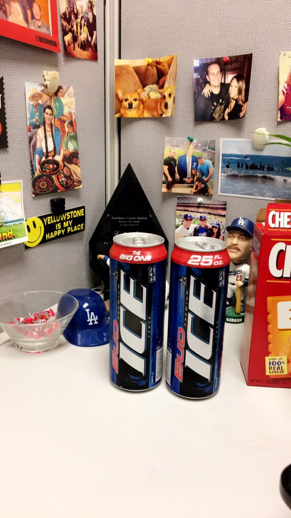 morasee's tweet photo. I came back from my lunch break to a thoughtful gift from my wonderful coworker and cube mate @quinn_ace1 . I might cry 😭 #Dodgers #WorldSeries #TallCanPrincess #trashbeer https://t.co/DxMLgF114f
