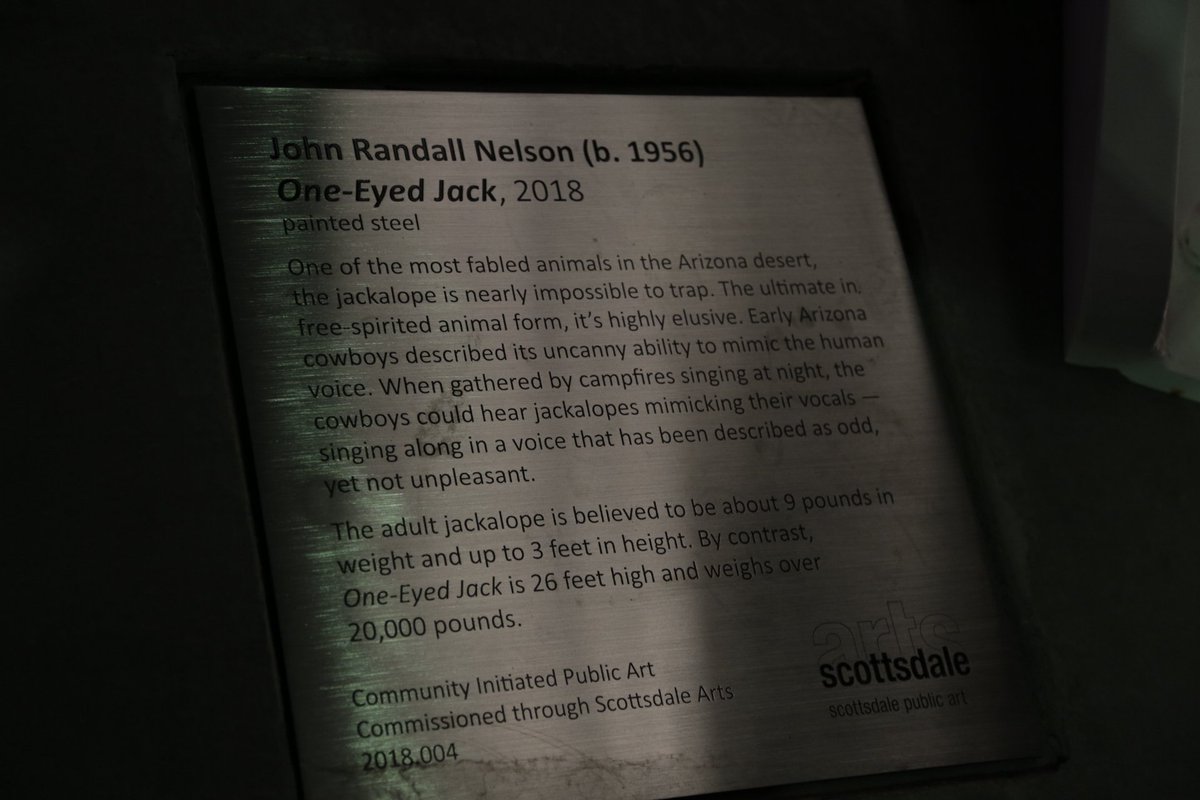 CreativeDsnLtg's tweet photo. Scottsdale Mayor Jim Lane and artist John Randall Nelson were at the dedication celebration for One-Eyed Jack, the 26-foot jackalope on the corner of Indian School Road and Marshal Way. CDL provided lighting design for this #Scottsdale public #art piece. #OneEyedJack #jackalope https://t.co/74f3foEjCW