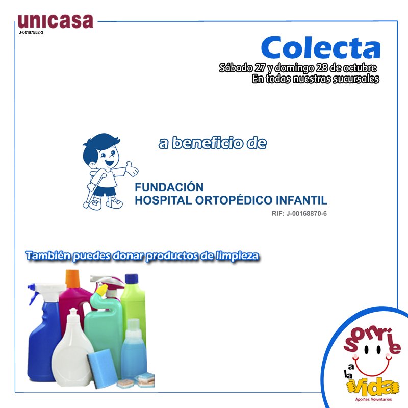 somosunicasa's tweet photo. Durante este fin de semana #Sáb27 y #Dom28 #VoluntariosUnicasa activan la #CadenaDeBuenasAcciones a favor del @Ortopedicovzla. Puedes acercarte a cualquiera de nuestras sucursales y dejar tu aporte en productos de limpieza https://t.co/TgDdcQl5FV