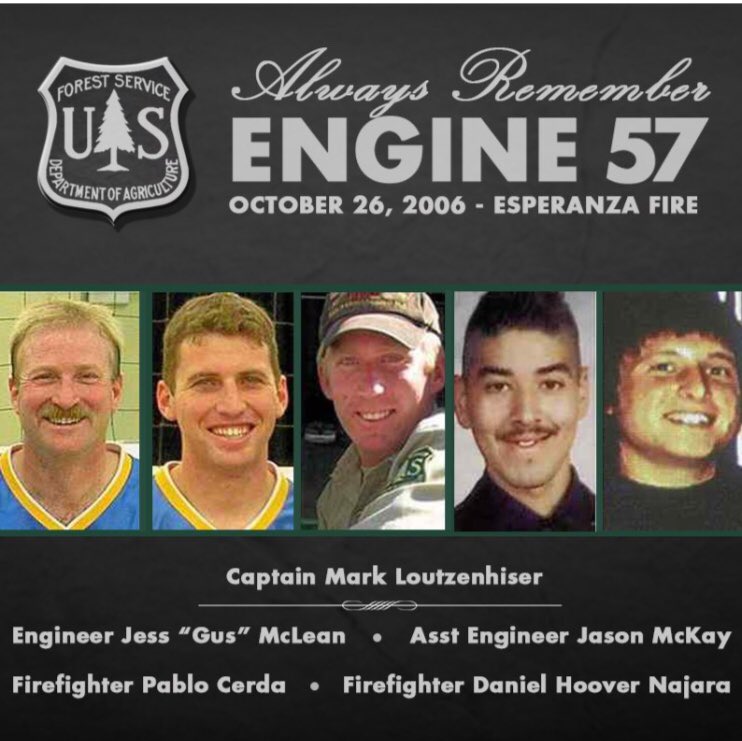 OCFireAuthority's tweet image. Today we remember the five #USForestservice firefighters that lost their lives fighting the #Esperanzafire. Please keep them and their families in your thoughts.   @ocfirefighters #neverforget #engine57