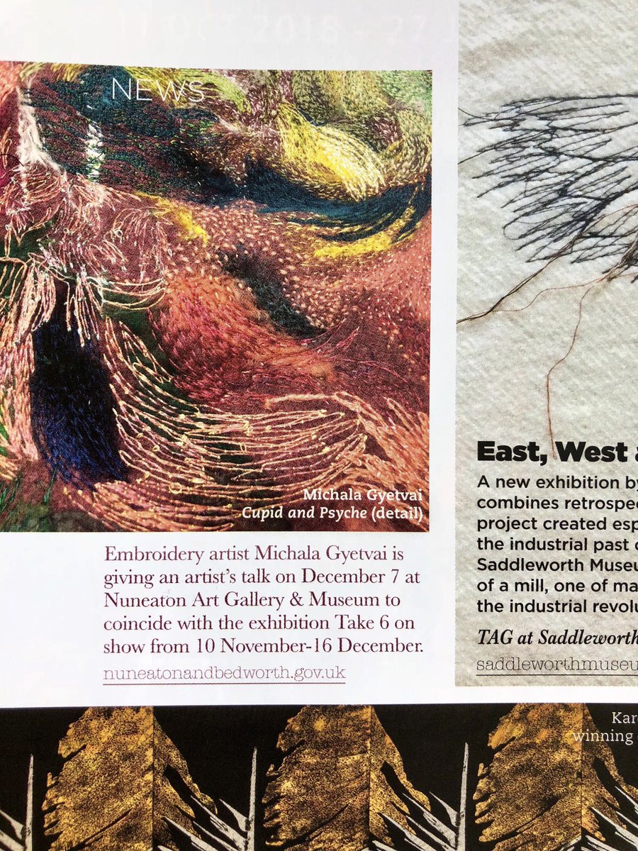 Kaylacoo's tweet photo. Thanks @johalleditor for the mention in #embroiderymagazine I’m giving a talk at Nuneaton Art Gallery &amp; Museum in December. My textiles and drawings on display in The Take 6 exhibition. https://t.co/lwsw8ZNDYO