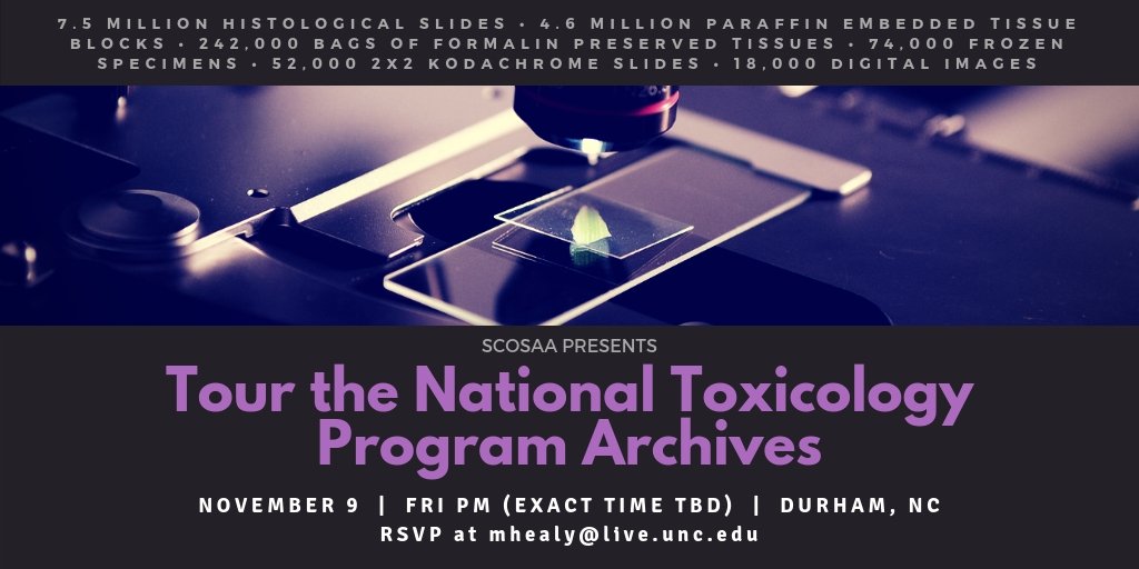 UNCSCOSAA's tweet photo. Come tour the National Toxicology Program Archives w/ SCOSAA on Friday, November 9th! 🔬 https://t.co/YriwpQaqTI https://t.co/y54FjXbXtI