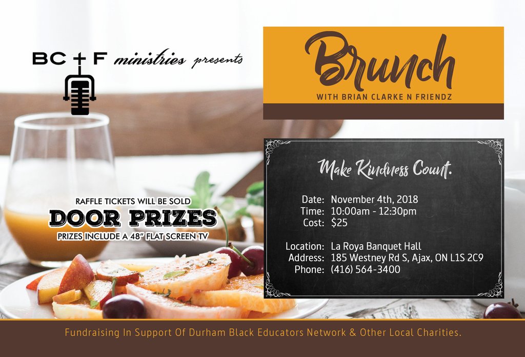 DurhamDBEN's tweet photo. Brunch for a cause on Nov 4th, at Brian Clarke N Friendz - "Make Kindess Count"
This event will be fundraising in support of DBEN & Other Local/Overseas Charities.
Buy tickets: https://t.co/uHv1vrAXkn
For more information call:
416-564-3400
647-267-6627
#DBEN https://t.co/hCiakgjv20