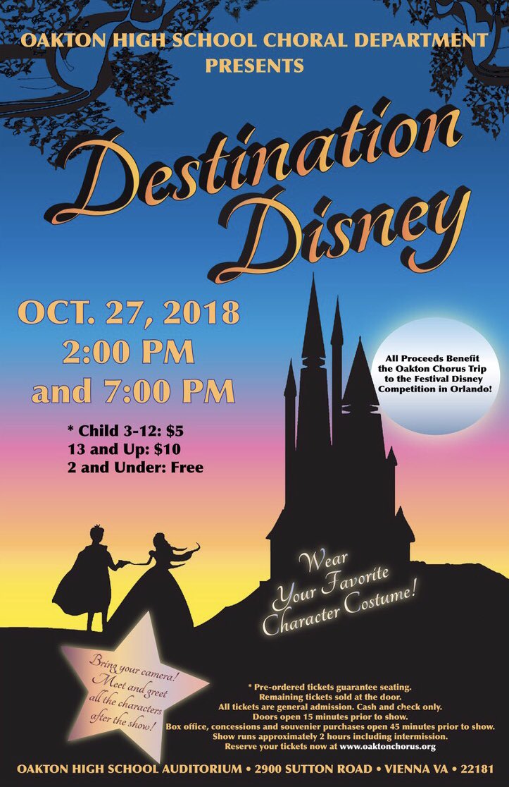 Tomorrow is our DESTINATION DISNEY SHOW!! We are very excited to see everyone that comes out. We have one show at 2pm and another at 7pm. Tickets for each show is $10! More information at our website, oaktonchorus.org!
