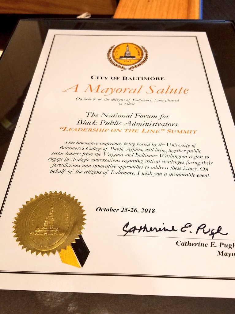 NFBPACVC's tweet photo. Thank you @BaltCityHall @MayorPugh50 for the #MayoralSalute to @nfbpa1 for the #LeadershipOnTheLineSummit hosted at @EubieBee at @publicaffairsub  👉 @ICMA @Cigna @ELGL50 #LocalGovInAction https://t.co/jOtcnTDwMx
