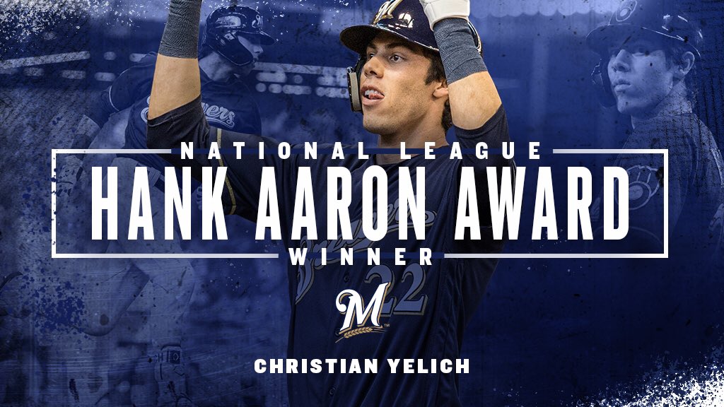 Brewers's tweet photo. Congratulations to NL Hank Aaron Award winner @ChristianYelich! Hopefully, he has a lot of room left on his mantle. #ThisIsMyCrew https://t.co/ooAO3y1TuO