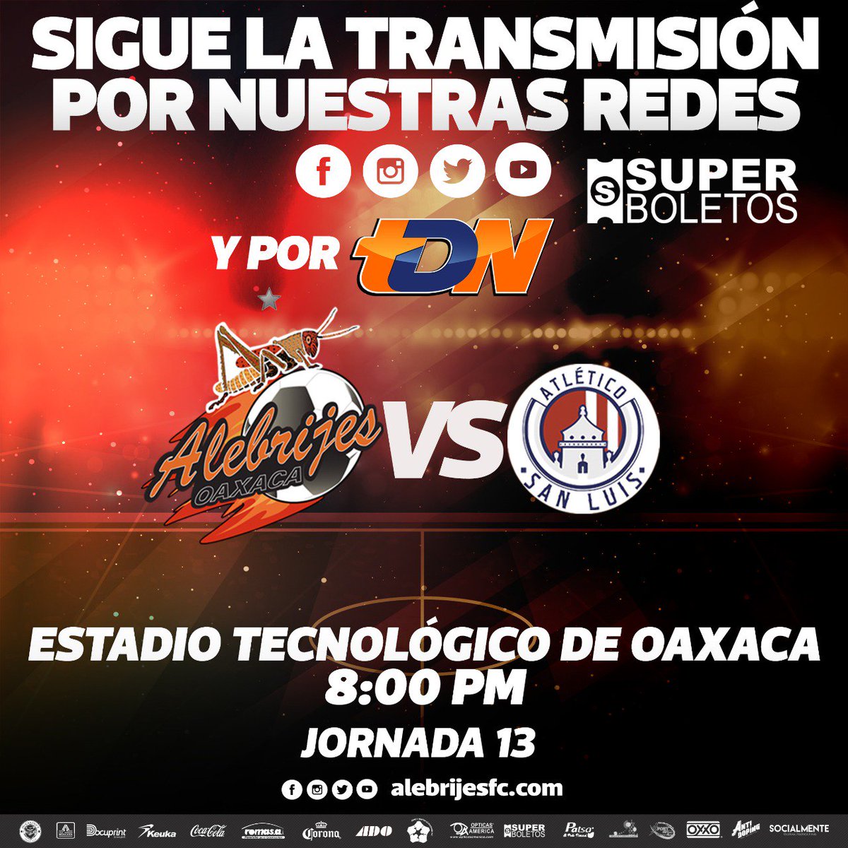 AlebrijesOaxaca's tweet photo. SIGUE LOS DETALLES DEL PARTIDO VS EL ATLÉTICO SAN LUIS EN NUESTRO TWITTER OFICIAL
No te pierdas los detalles del juego 🆚 @AtletideSanLuis de la #Jornada13 del @AscensoMX a través de nuestro #TwitterOficial 📲 y por @tdn_twit . 📺 #AlebrijesDePrimera 🖤🧡🦗⚽️ https://t.co/pOeBSsdsT2