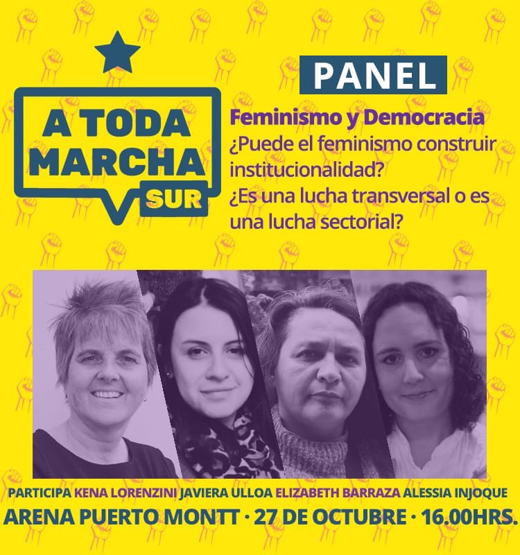 ATodaMarchaSur's tweet photo. Mañana el Feminismo se toma #ATodaMarchaSur con @KenaLorenziniL @ale_injoque Javiera Ulloa y Elizabeth Barraza.
Arena Puerto Montt a las 16 hrs. https://t.co/QHBz5jzRf4