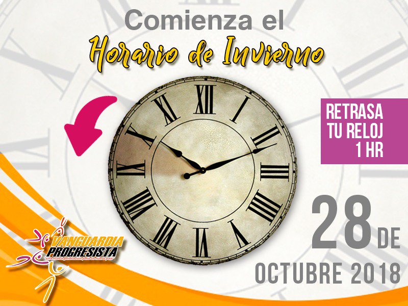 VaProgresista's tweet photo. ¡No olvides! el Horario de Verano está por terminar. Este sábado antes de ir a dormir, retrasa tu  ⏰  una hora  #HorarioDeInvierno https://t.co/tiQRVX5hFI