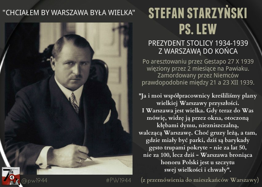 📢 #PamięćWarszawy #PW1944 📍 79 lat temu 27 X Gestapo wkracza do Ratusza, wywożąc na śmierć Prezydenta walczącej stolicy 1939 🔻 Po 1 IX na propozycję d-cy obrony W-wy ewakuacji samolotem odpowiedział: 'Tak jak pan dzieli los swoich żołnierzy – tak i ja pozostanę wśród swoich'