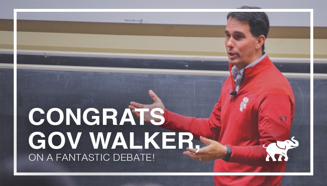 GOPBadgers's tweet photo. .@ScottWalker is the right choice for students, families, & all Wisconsinites. We are #StudentsForWalker because under his leadership WI has...
✅ Frozen UW tuition for 6-years
✅ Record high investment in K-12
✅ Record low unemployment
...and so much more! #WIGovDebate https://t.co/93cO308NGE