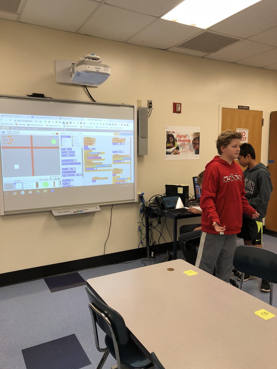MrsCTechnology's tweet image. 7th graders sharing and explaining the game they developed using #Scratch @scratch