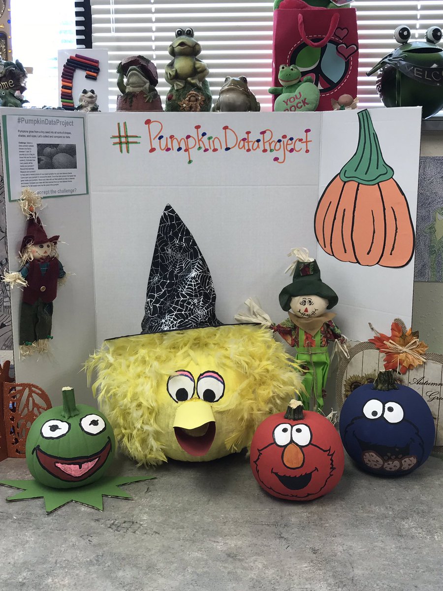 Join us in our pumpkin data project! Students will ....Pick a pumpkin. Big Bird, Kermit, Elmo or Cookie Monster! Guess weight, height, and seed count. Next week we cut, count and measure then chart the data!