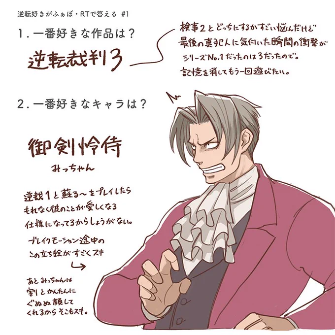 1 一番好きな作品は?
2 一番好きなキャラは? 