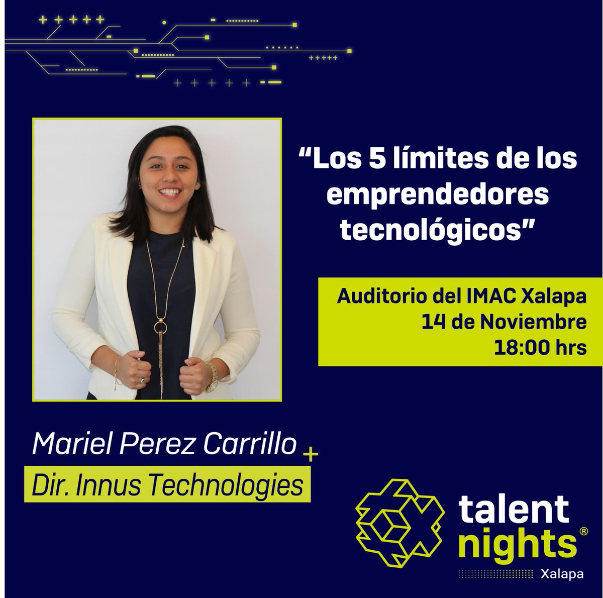 NightsTalent's tweet photo. Ella es Mariel Carrillo, ponente en #TalentNights #Xalapa.
.
Mariel es una joven #ingeniera #bioquímica que ha sabido combinar la vida de los #negocios con su #pasión.
.
En su ponencia #talent compartirá los 5 límites de los #emprendedores #tecnológicos.
.
https://t.co/owrSSpi92a https://t.co/vm0ioUpLPx