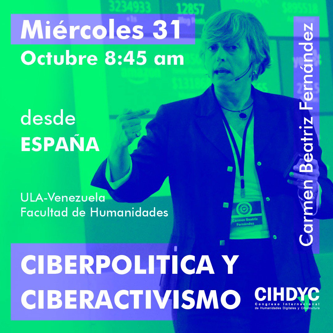 Miércoles 31 de octubre 8:45am
Prepárate para la próxima democracia:
Carmen Beatríz Fernández, experta en marketing político y ciberpolítica, perteneciente a la Universidad de Navarra y el IESA.
Cátedra Simón Bolívar, Facultad de Humanidades
#ULA #Mérida #CIHDYC #Política