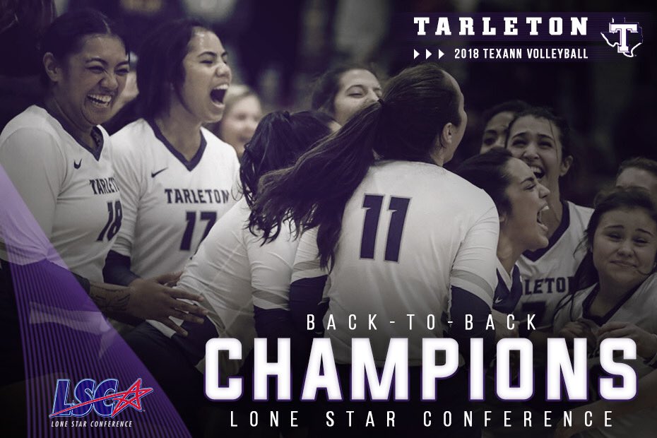 TarletonSports's tweet photo. Back 2️⃣ Back 🏆🏆

Tarleton Volleyball secured a guaranteed share of the #LSCvb title and the right to host the LSC Championship Tournament on Nov. 8-10 in Wisdom Gym! https://t.co/50Mu3ZgKmi