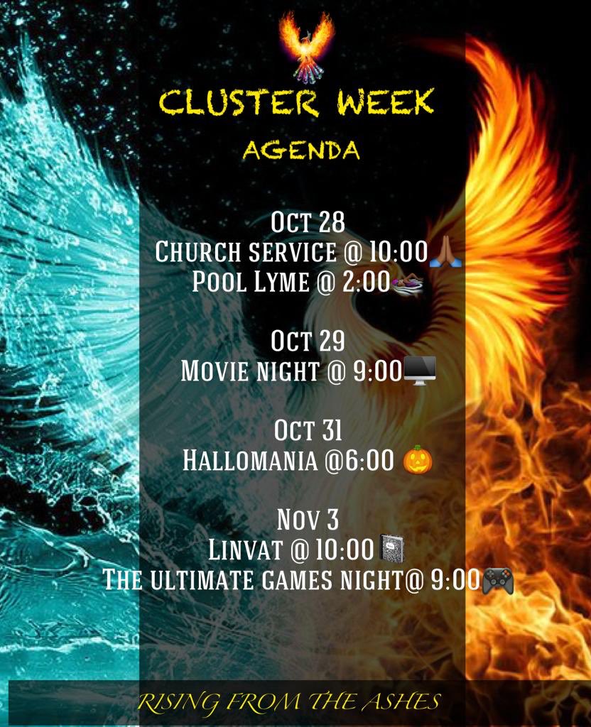 cluster6_rnh's tweet image. Agenda for Cluster Week 2018 ! Come out each day for our activities and have a great time as Coverleys ! See you there ! Stay tuned for more updates ! #ClusterWeek2018 #RisingFromTheAshes 💛💜💛💜💛