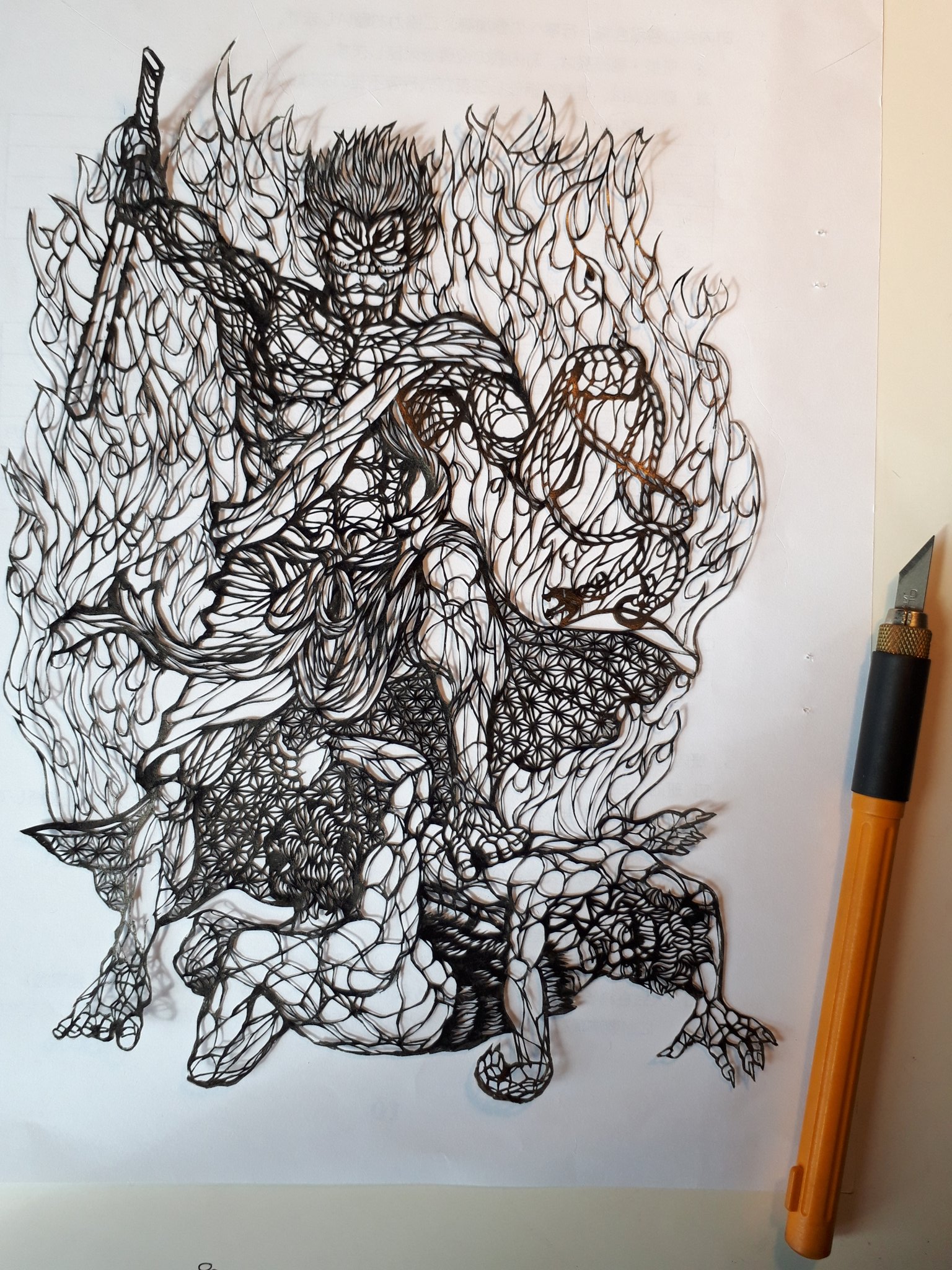 耕雲 Kou Un 新春神業展1 9 22 Auf Twitter 切り絵 不動明王 完成 不動明王が お釈迦様の教えを守らぬ鬼たちを懲らしめている図 B5サイズです 耕雲 Kou Un 新春神業展1 9 22 Auf Twitter 切り絵 不動明王 完成 不動明王が お釈迦様の教えを守らぬ鬼たちを懲らしめている図 B5サイズです