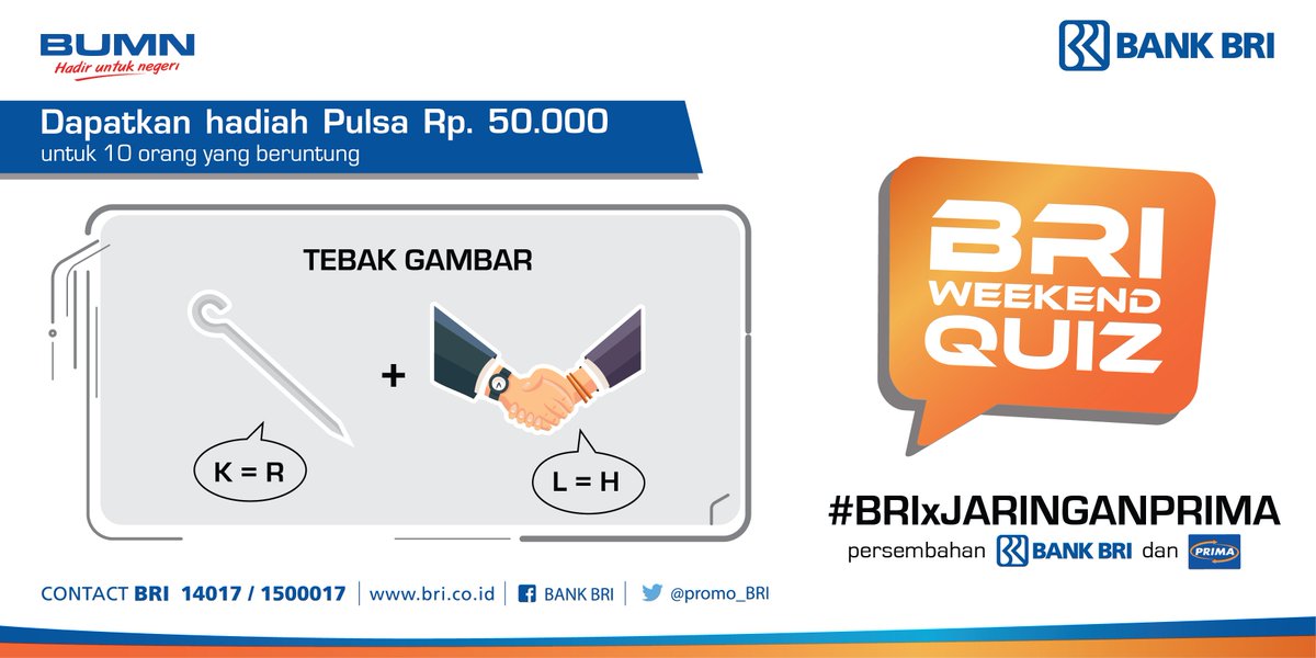 promo_BRI's tweet photo. Yuk, ikutan BRI Weekend Quiz #BRIxJARINGANPRIMA Mau jadi pemenang yang beruntung? Caranya, follow @promo_BRI dan @jaringanprima Mention kami, dan jawab pertanyaannya dgn hashtag #BRIxJARINGANPRIMA. Pengumunan pemenang hari Selasa. Semoga beruntung https://t.co/akLX0OcbSq