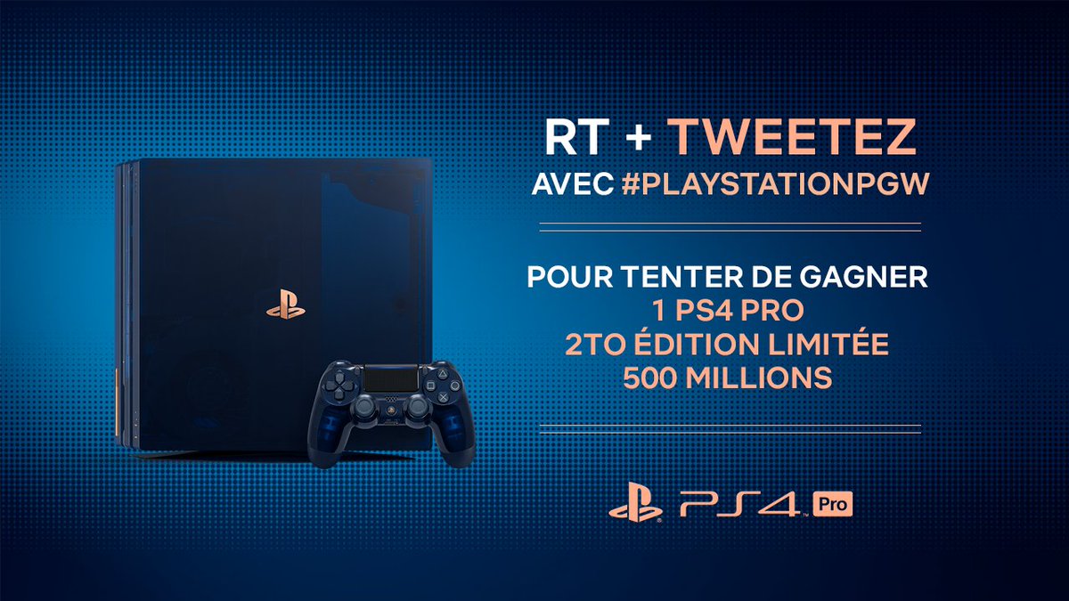 🎁 CONCOURS 500 MILLIONS 🎁
RT + TWEETEZ avec #PlayStationPGW pour tenter de gagner 1 PS4 Pro 2To Edition Limitée 500 Millions !
TAS le 2/11 👉 po.st/Ec
Bonne chance 🍀