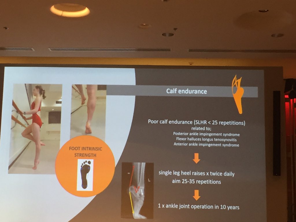 Calf endurance and foot intrinsics are essentials in foot and ankle injury prevention programs - quality before quantity #IADMS2018 @S_Maysey #nocalfstretching @Cirque @TheAusBallet
