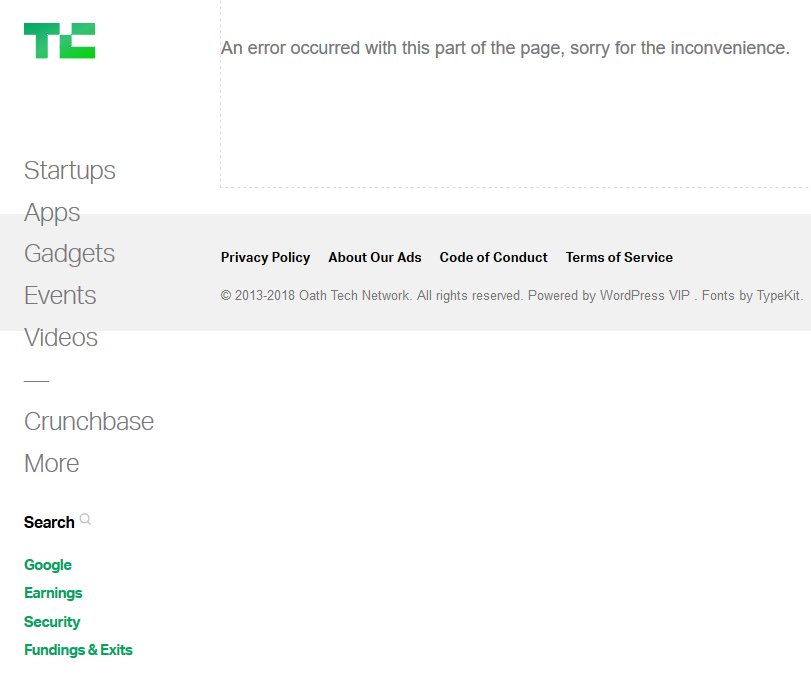 MatsSvensson's tweet image. @TechCrunch
#TechCrunchFail #JavaScript101
This is what every single page on your site looks like, if you visit with cookies off.
Why don't you test for support, before you run code that crashes the entire site if it cant set cookies?
Tip: Cookies blocked = no consent PERIOD
