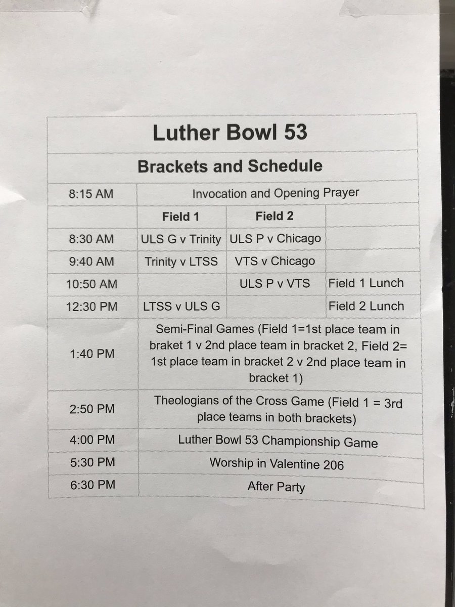 cdsmith421's tweet photo. The #Lutherbowl game schedule is up!!! Wishing all the teams best of luck. Pretty much counting on making it to the “theologians Of the cross” game tomorrow 😂😂 #gophilly #phillycampus #uls https://t.co/EwkpscCsyh