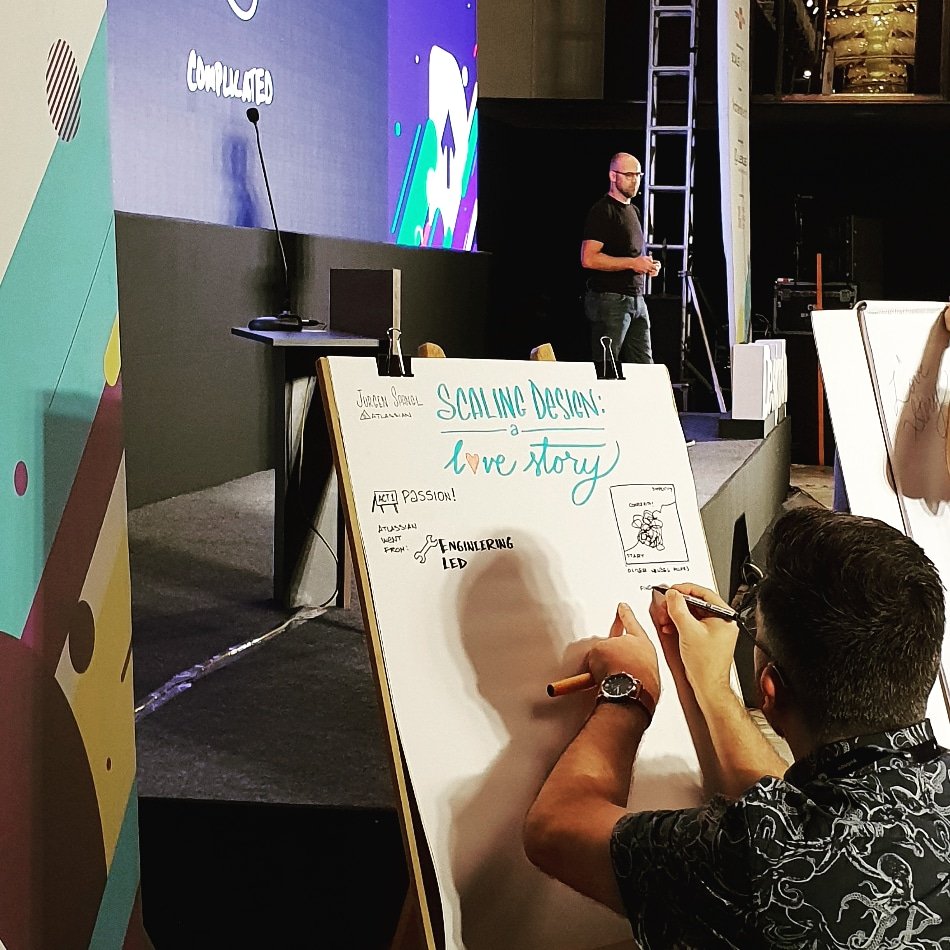 luckykat's tweet image. Watching the super talented @bencrothers from @prestosketching sketchnote @jurgenspangl talking about scaling design at @designupconf .

#design #DUp18 #designupconf #sketching #sketchnote #scalingdesign #ux #cx #designupblr2018 #Bangalore #conference