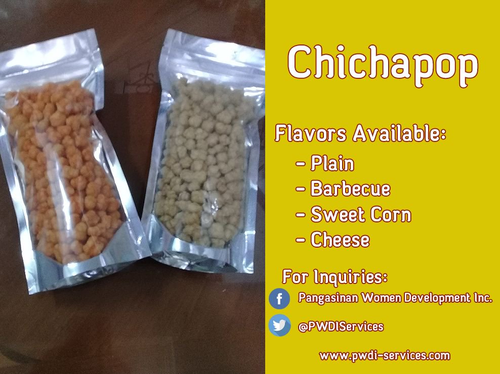 PWDIServices's tweet photo. Our new product, Chichapop is here! It's a healthy and delicious snack for you and your kids. It comes in with different flavors: plain, barbecue, sweet corn and cheese. Order now!
#PWDI #eathealthy https://t.co/vQUpeLn93L