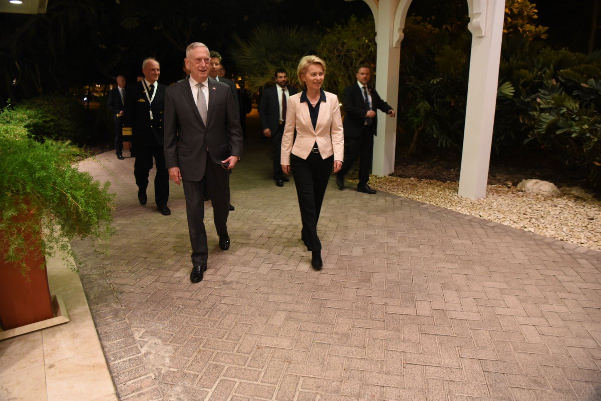 ChiefPentSpox45's tweet photo. Yesterday in #Bahrain, #SecDef Mattis met #German #MinDef Ursula von der Leyen at the #ManamaDialogue & thanked her for #Germany’s support to global security. #IISSMD18 #SecDefTravels https://t.co/TgueR8mw64