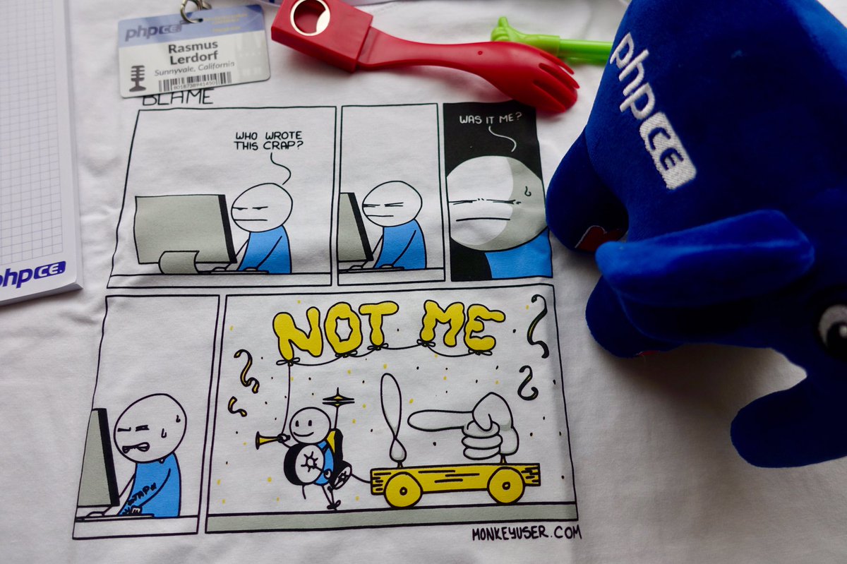 rasmus's tweet image. phpce starts with an elephpant keynote and a new elephpant in the attendee bag along with a few other things