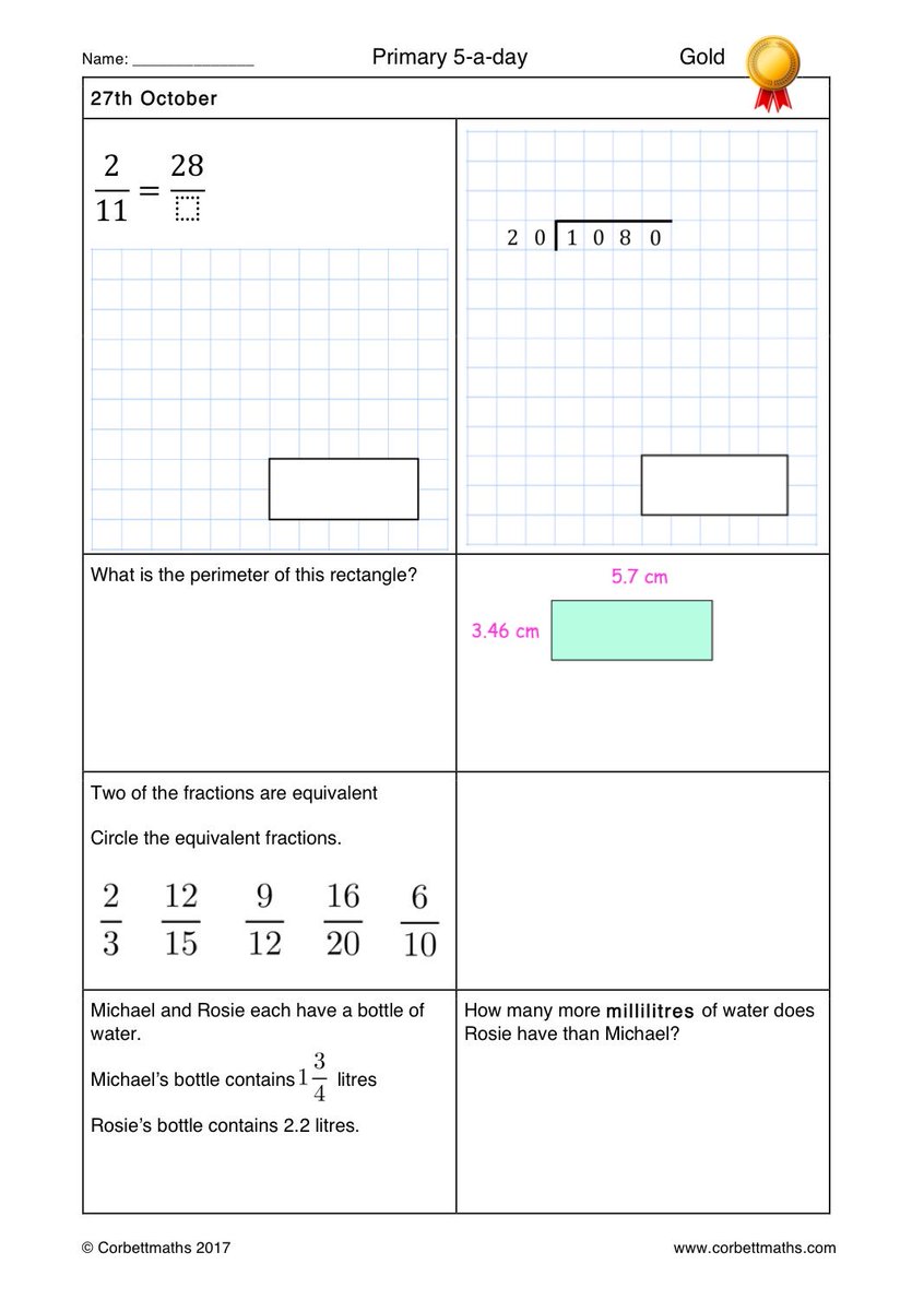 Corbettmaths's tweet photo. Primary 5-a-day with 4 levels of difficulty: bronze, silver, gold and platinum #corbett5aday #maths5aday Answers: https://t.co/ruVqVMwRyg https://t.co/8SLczHafGS