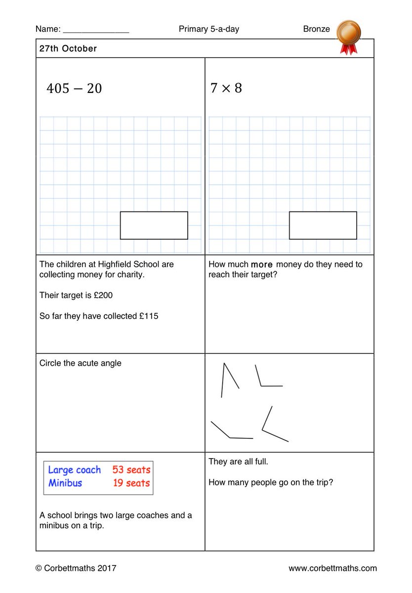 Corbettmaths's tweet photo. Primary 5-a-day with 4 levels of difficulty: bronze, silver, gold and platinum #corbett5aday #maths5aday Answers: https://t.co/ruVqVMwRyg https://t.co/8SLczHafGS
