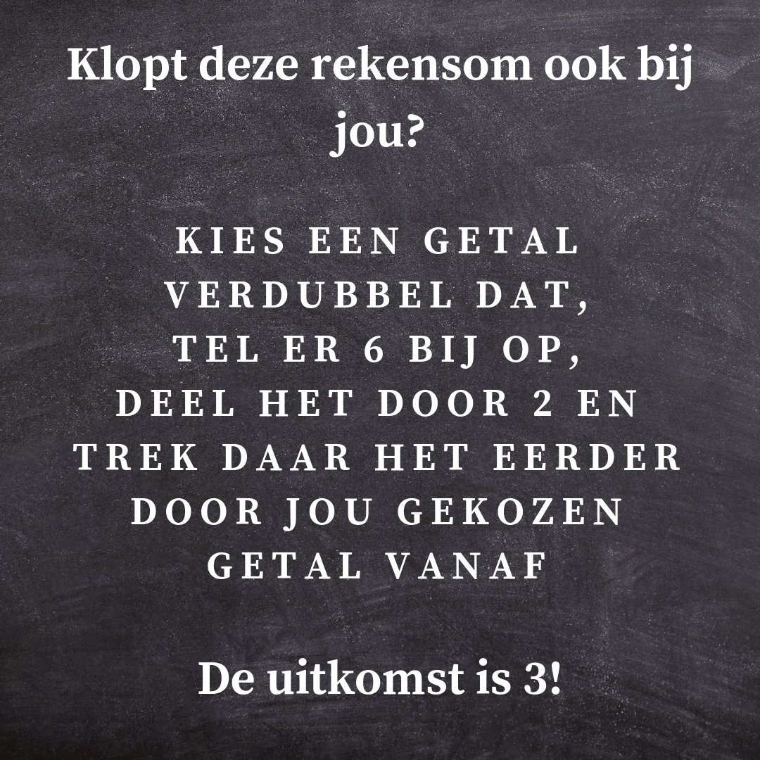 Raden wij jou uitkomst?

Reken het onderstaande rekenraadsel uit en wij voorspellen je uitkomst!
En is je antwoord 3?

Heb jij een getal gevonden waar de uitkomst geen 3 van is? laat het ons weten in een reactie!