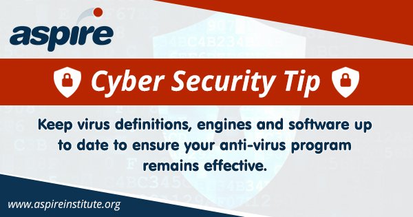 Aspirepvtltd's tweet photo. Keep virus definitions, engines and software up to date to ensure your anti-virus program remains effective. #Cybersecurity #Cybersecuritytips  #Aspireinstitute https://t.co/VF6bmkII0T