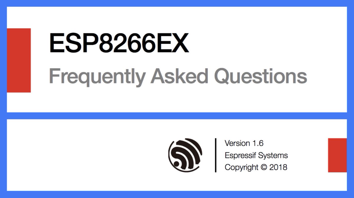 ESP8266's tweet photo. ESP8266EX Frequently Asked Questions (V1.6, 2018 Oct 26)
📄 https://t.co/5Y2BkCtnVd
Document changes:
• Added a new Chapter 7 about “How can I modify the default method of RF calibration?”
#ESP8266 #DocUpdate #FAQ https://t.co/r5xD2LjOd7