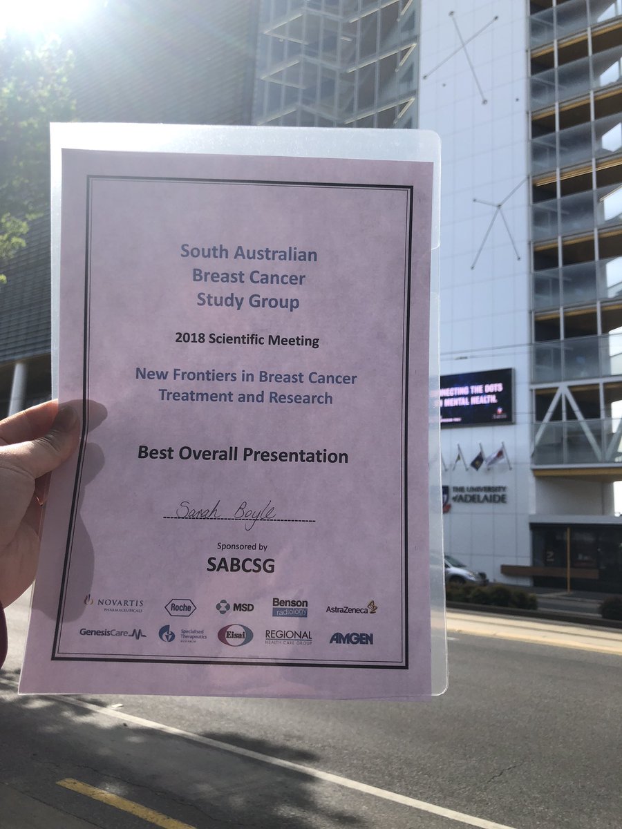 DrSarahBoyle's tweet photo. Absolutely thrilled to have received the award for Best Overall Presentation at the 2018 SA Breast Cancer Study Group Scientific Meeting! Thank you to the committee for this fantastic acknowledgement of our work. #SABCSG https://t.co/Q1qZB0aSY5