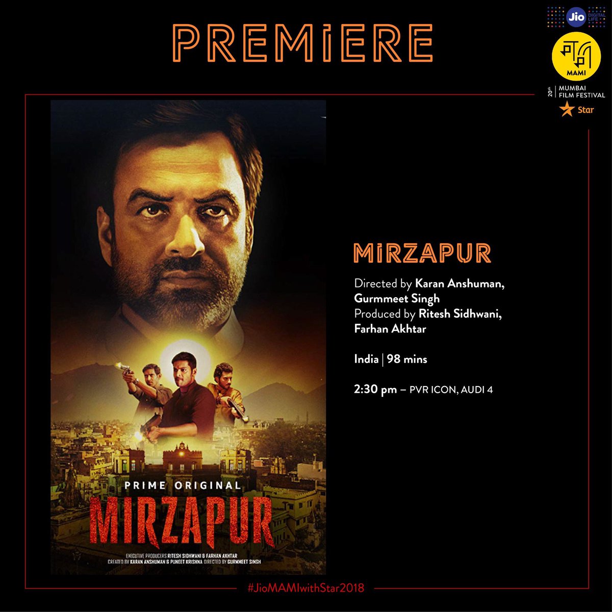 SanDhirParShFC's tweet photo. #Mirzapur Premiere at #MAMI 
#PVRICON #AUDI4 
@HarshitaGaur12 
@TripathiiPankaj 
@excelmovies https://t.co/CY8PkRSbfM