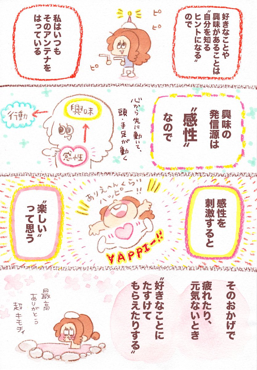 私は「自分らしさ=自分度」と考えている。自分度が上がる事で自分をより理解出来るので、苦手な事や得意な事、不安を抱く時や悩む時の傾向、課題や反省も見える。可能な限り〝自分を振り返る〟ことが、今より良い自分に繋がると思うので興味という…