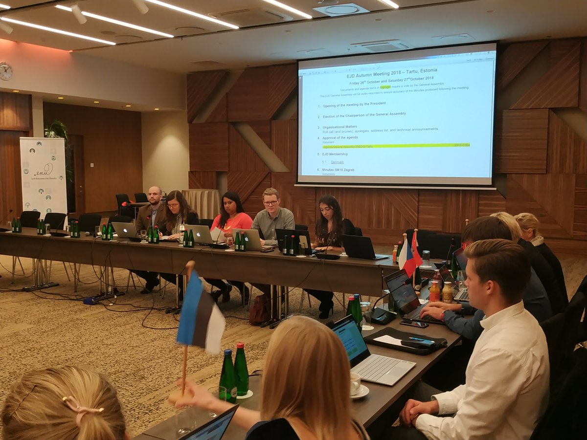 ejdpwg's tweet photo. And @ejdpwg General Assembly session starts right now. Rilly from the Estonian delegation was elected as the Chairperson of the GA. Roll call has been already completed, 20 MS are present in Tartu #EJDAM18 https://t.co/JHpqZVMK4K