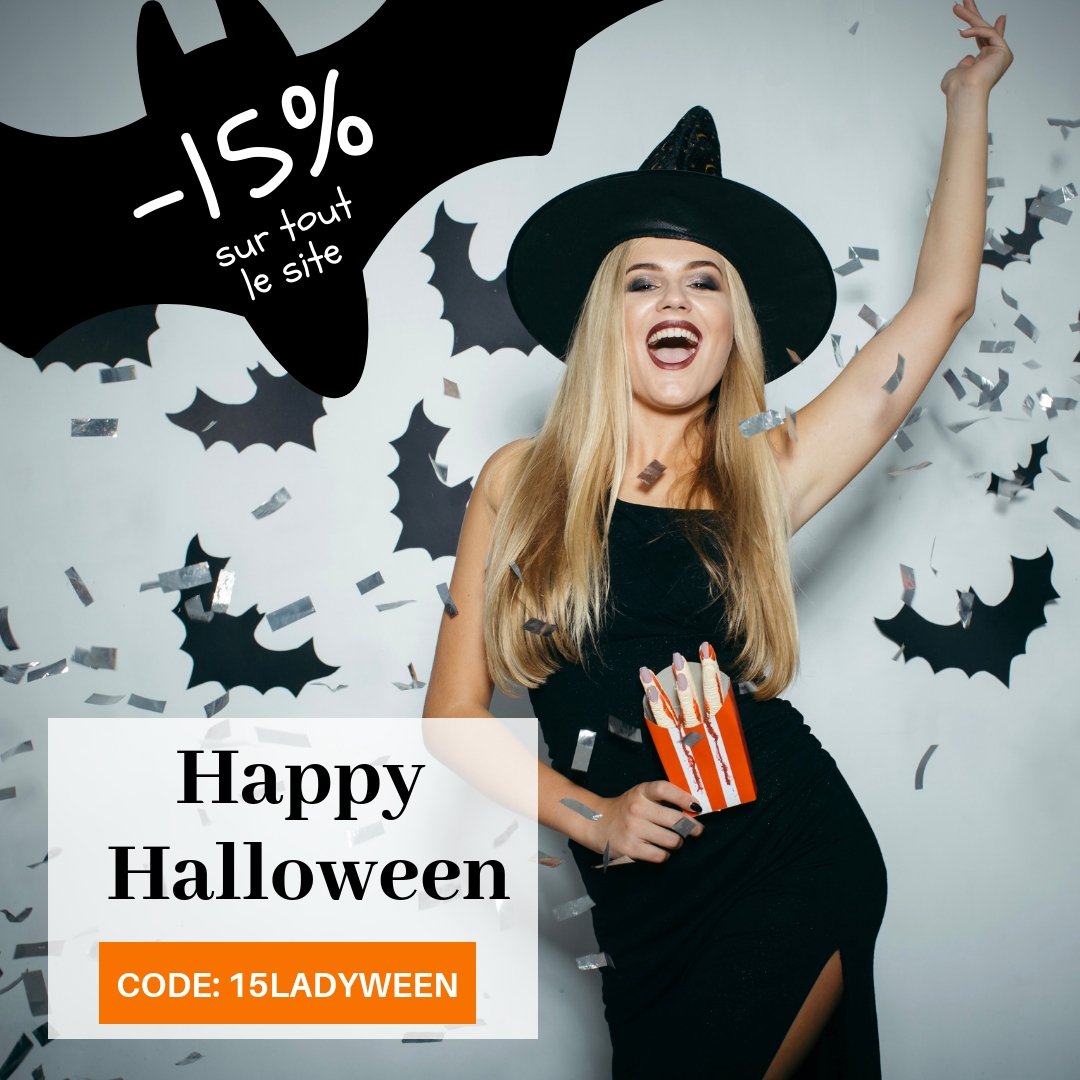 Halloween J-4 ! 🎃 Pour l'occasion, on t'a concocté une offre monstrueuse ! 😱 Avec le code 15LADYWEEN, tu bénéficies de -15% sur tout le site  (hors crackers de Noël). 
Vite, tu as jusqu'au 31 Octobre inclus pour en profiter...  🙈 #BONPLAN