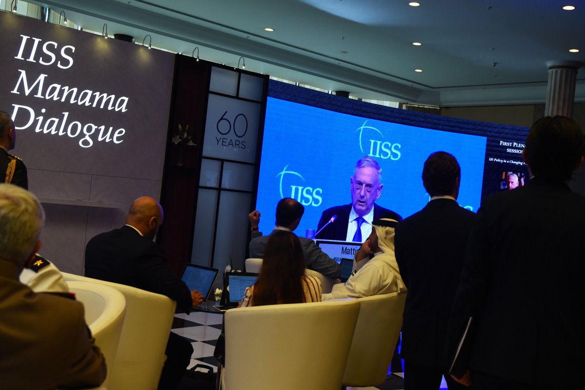 ChiefPentSpox45's tweet photo. “We are stronger when we work together for peace,” #SecDef Mattis at #ManamaDialogue in #Bahrain today highlights U.S. commitment to safe & prosperous #MiddleEast, solving conflict and countering destabilizing behavior in region. #IISSMD18 #SecDefTravels https://t.co/lC3SpYaFRy