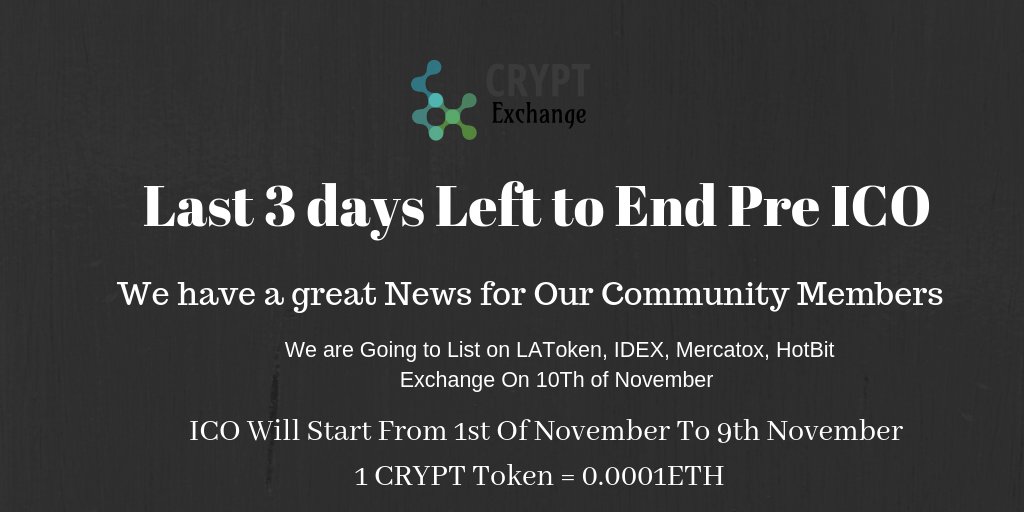 Last 3 Days Left to END PRE ICO
we are Confirmed On #Latoken #Mercatox #IDAX #HotBit Listing  On 10Th Of November 2018
ICO Price 1ETH = 7,500,000 CRYPT
PRE ICO Price 1ETH = 15,000,000 CRYPT

Now we are giving 100% bonus On Any Investment 
#Listing #CRYPT #ICO #PREICO #Exchange