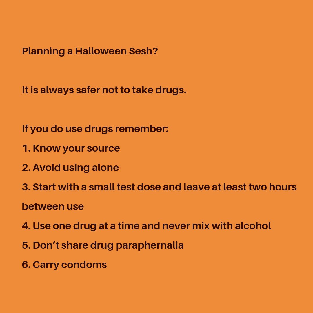 AnaLiffey's tweet photo. Planning a #HalloweenSesh⁠?
It is always safer not to take drugs.
If you decide to use drugs follow these #HarmReduction tips to keep you safer from drug related harm. 
To learn more about Ana Liffey Drug Project visit https://t.co/XKoR9mPcOk
#SaferFromHarm https://t.co/ZerACbUrSf