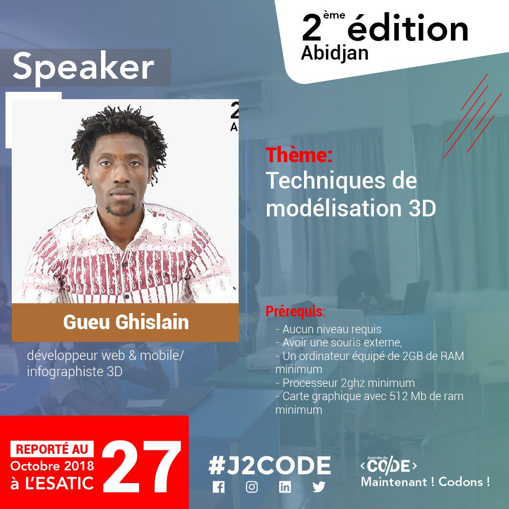 journeeducode's tweet photo. Modélisation, 3D et autres vous intéressent ? Notre expert @blender_org, @ghislainouei vous montrera quelques techniques. #MaintenantCodons #j2code2018 https://t.co/sDKeKVZBiW