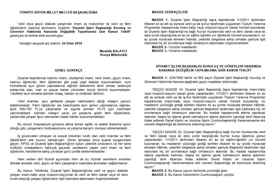 MhpTbmmGrubu's tweet photo. MHP G.B.Y. @MKalayci42; Vekil veya geçici statüde çalıştırılan imam ve müezzinler ile vekil ve fahri öğreticilerin kadroya alınmasını öngören Diyanet İşleri Başkanlığı Kuruluş ve Görevleri Hakkında Kanunda Değişiklik Yapılmasına Dair Kanun Teklifini TBMM Başkanlığına vermiştir. https://t.co/BjgbsFx0av
