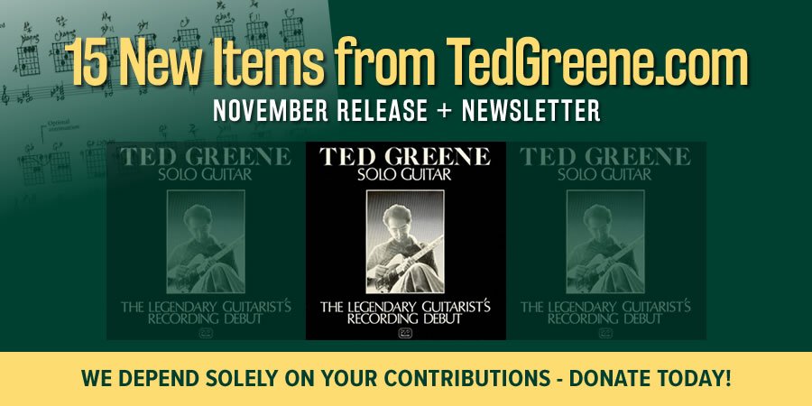TedGreeneLegacy's tweet photo. NEW LESSONS: This month, in addition to our usual array of new lesson material (https://t.co/2E3zym1qR5) that you haven't seen before, we also have a brand new article we think you'll enjoy: Ted Greene's Solo Guitar - About the Recording by Leon White. Your support matters! https://t.co/0Bbrs1Pobb