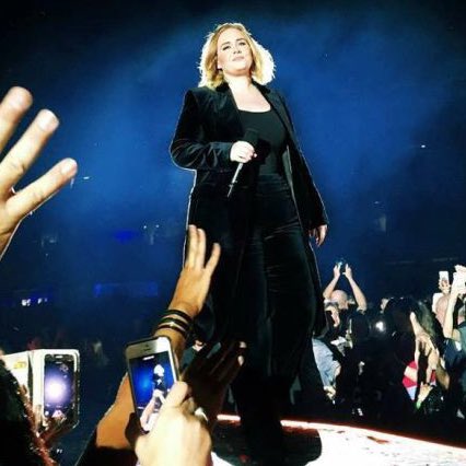 adeleactivities's tweet image. Adele wearing a black velvet pantsuit